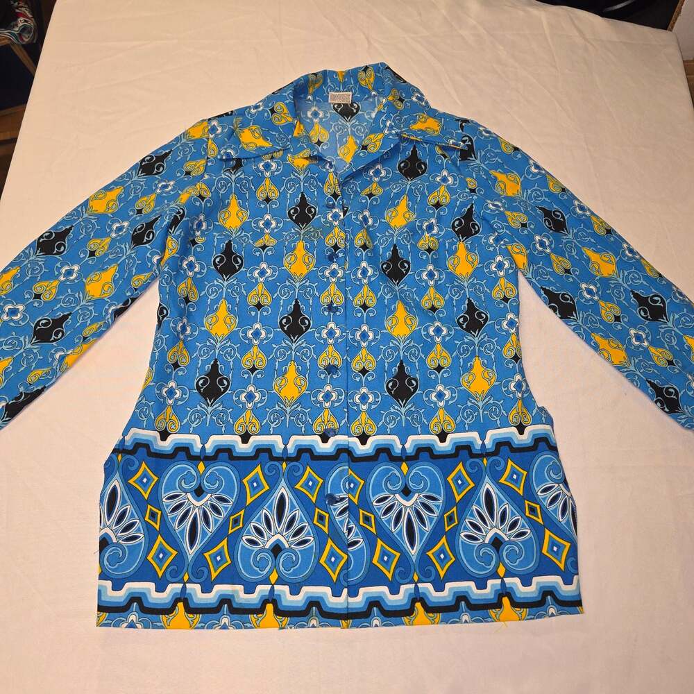 Vintage 60's Pykettes Blue and Yellow Geometric Print women's blouse shirt